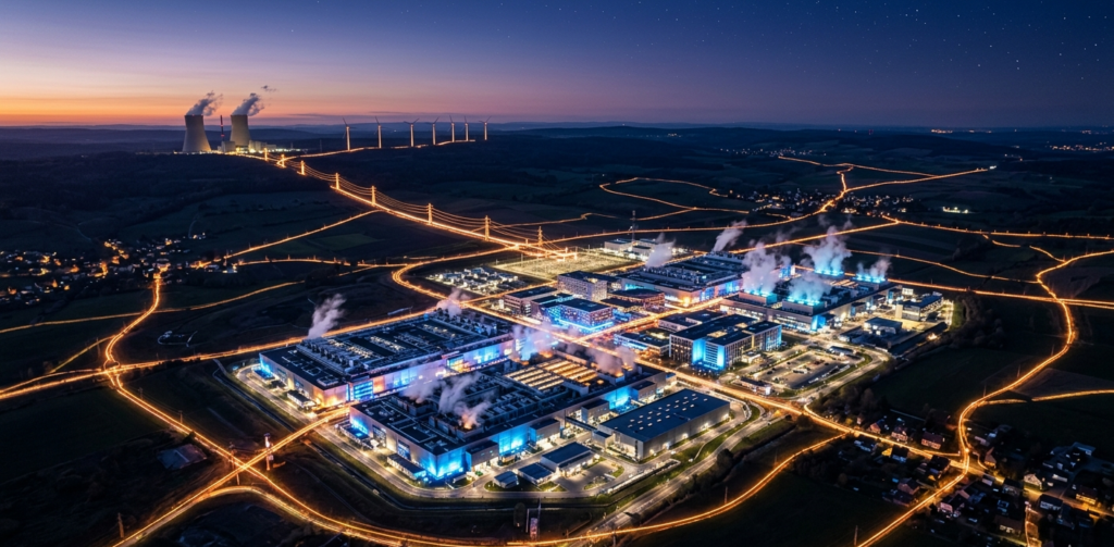 Aerial view of an AI data center campus at dusk with power infrastructure and energy grid connections illuminated across the landscape
