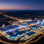 Aerial view of an AI data center campus at dusk with power infrastructure and energy grid connections illuminated across the landscape