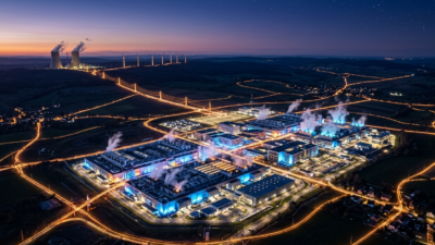 Aerial view of an AI data center campus at dusk with power infrastructure and energy grid connections illuminated across the landscape