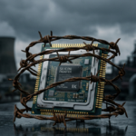 Military grade electronic component wrapped in barbed wire against an industrial background, representing global supply chain constraints and defense electronics shortages in 2026.