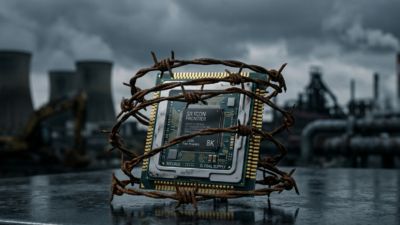 Military grade electronic component wrapped in barbed wire against an industrial background, representing global supply chain constraints and defense electronics shortages in 2026.