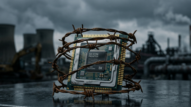 Military grade electronic component wrapped in barbed wire against an industrial background, representing global supply chain constraints and defense electronics shortages in 2026.