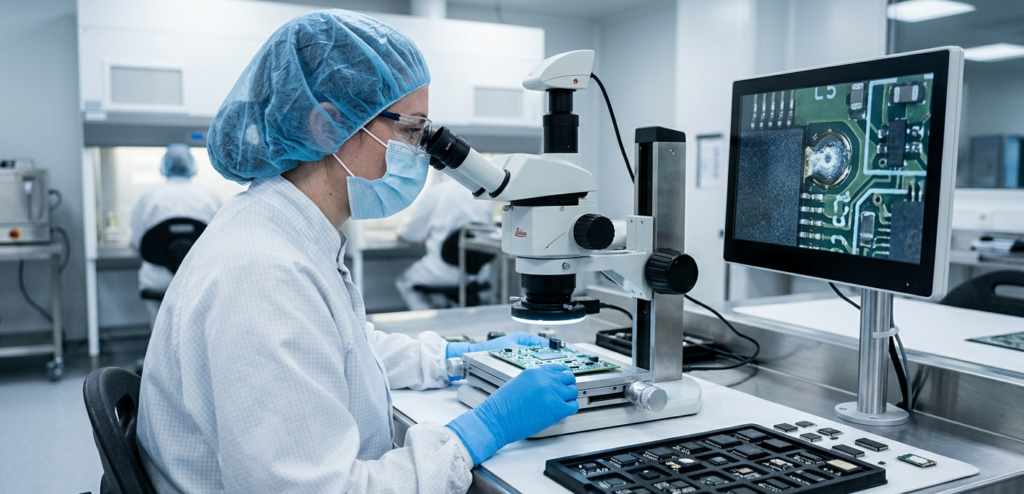 Quality engineer inspecting electronic components for counterfeit prevention in a laboratory setting