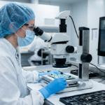 Quality engineer inspecting electronic components for counterfeit prevention in a laboratory setting
