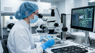Quality engineer inspecting electronic components for counterfeit prevention in a laboratory setting