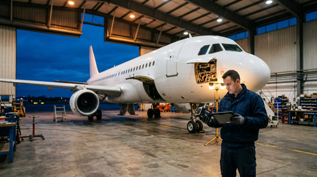 Aviation technician sourcing an AOG electronic component for a grounded aircraft inside a maintenance hangar