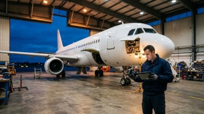 Aviation technician sourcing an AOG electronic component for a grounded aircraft inside a maintenance hangar