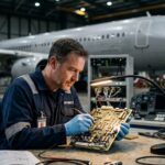 MRO technician inspecting an avionics circuit board for obsolete component sourcing