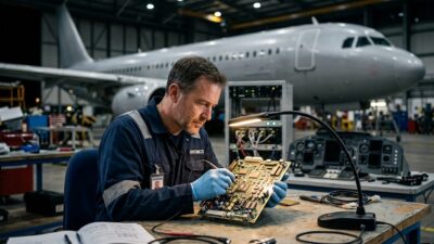 MRO technician inspecting an avionics circuit board for obsolete component sourcing