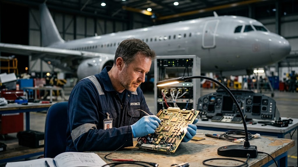 MRO technician inspecting an avionics circuit board for obsolete component sourcing