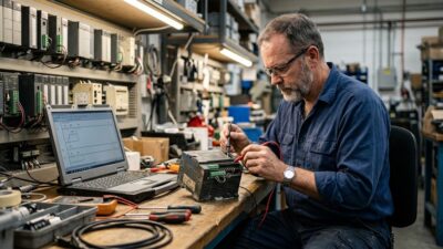 Obsolete PLC components sourcing and inspection of a legacy industrial control module on a plant workbench