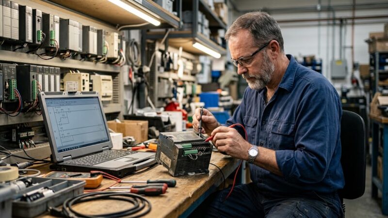 Obsolete PLC components sourcing and inspection of a legacy industrial control module on a plant workbench