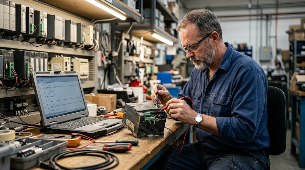Obsolete PLC components sourcing and inspection of a legacy industrial control module on a plant workbench